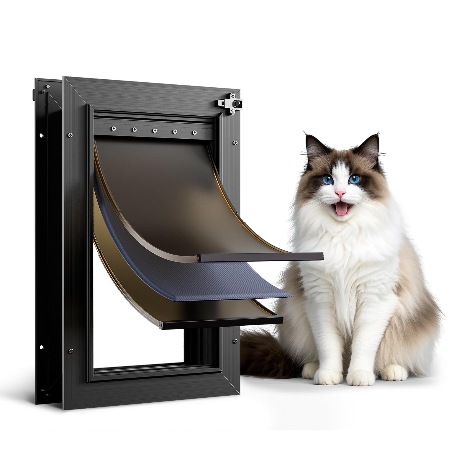PETCOMING all-aluminum cat door with 3 flaps provides sturdy interior access for small pets