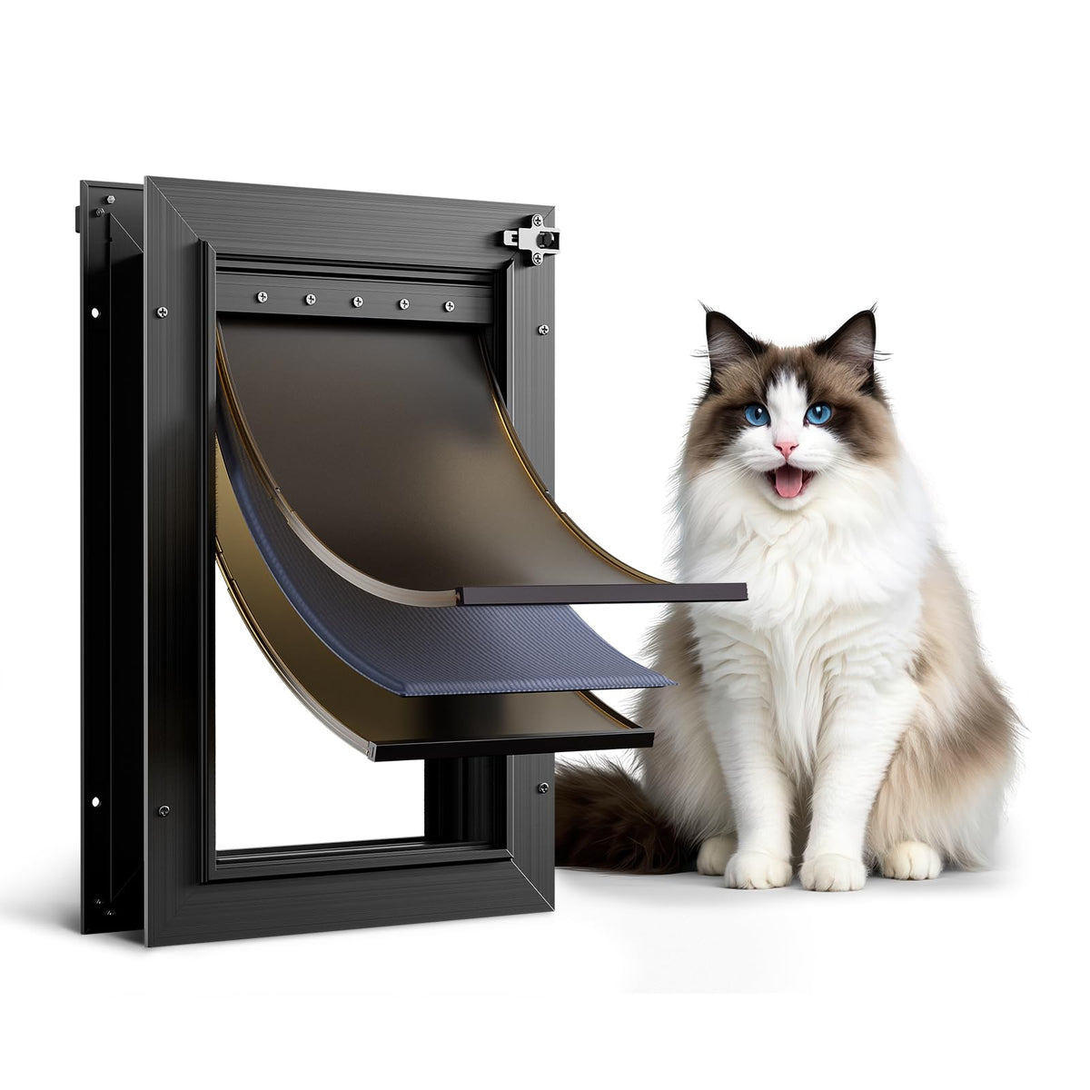 PETCOMING all-aluminum cat door with 3 flaps provides sturdy interior access for small pets