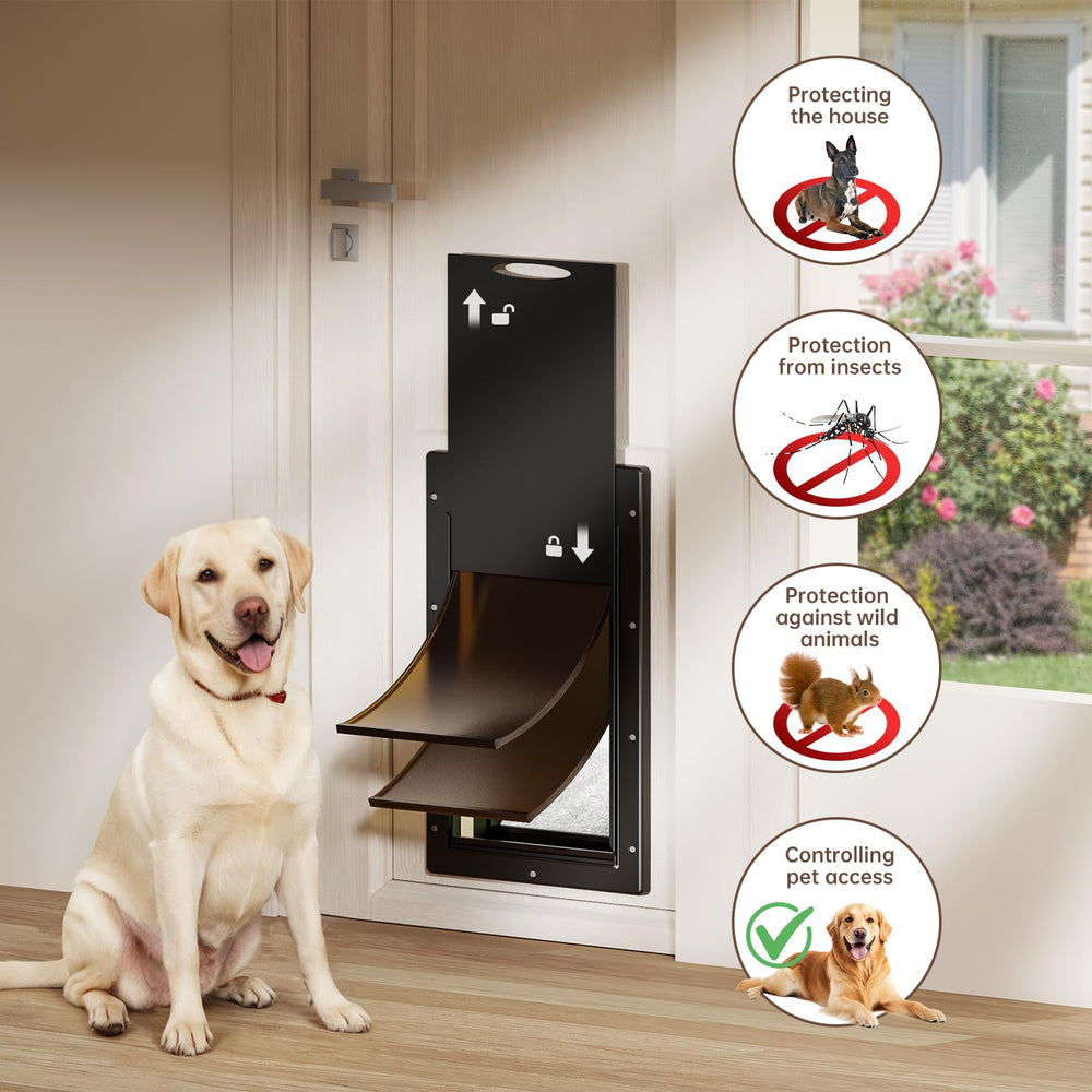 PETCOMING Never Rust Dog Door opening shows a large 17.3x9.45 inch entry for dogs up to 100 lb.