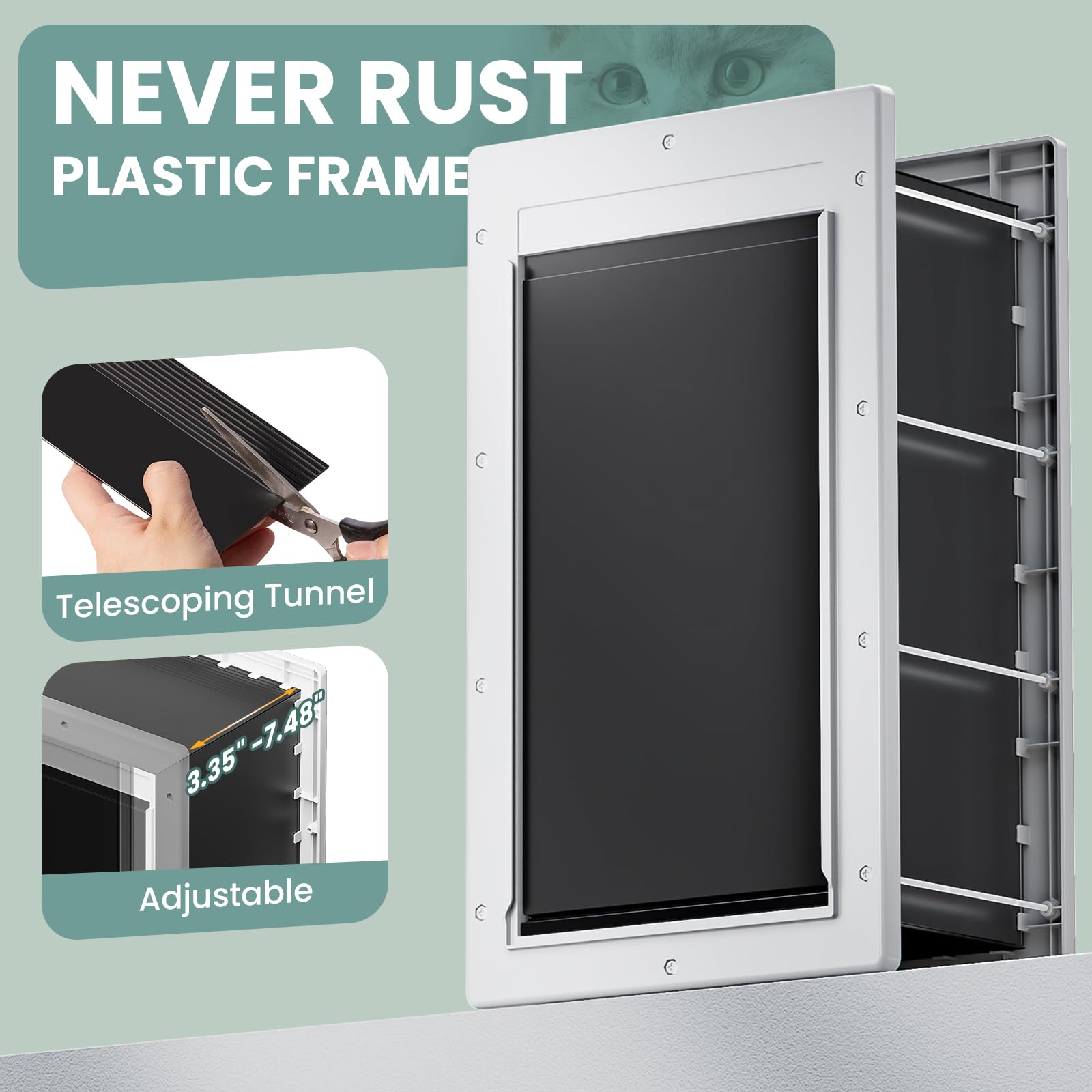 PETCOMING insulated flap on the wall door reduces drafts for pet comfort.