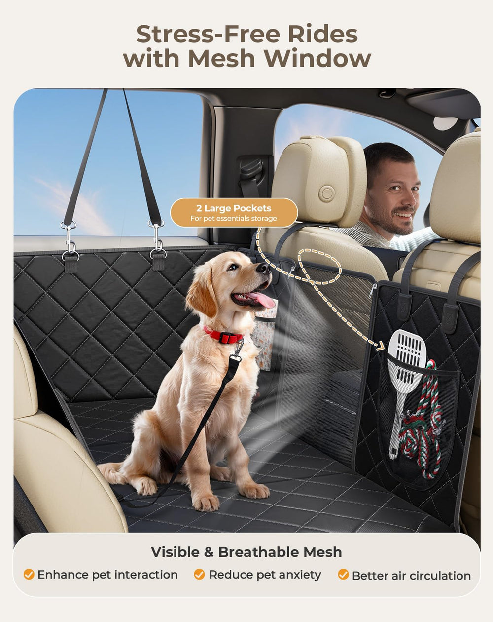 Petcozife dog car seat cover with safety belts and pockets supports organized trips.