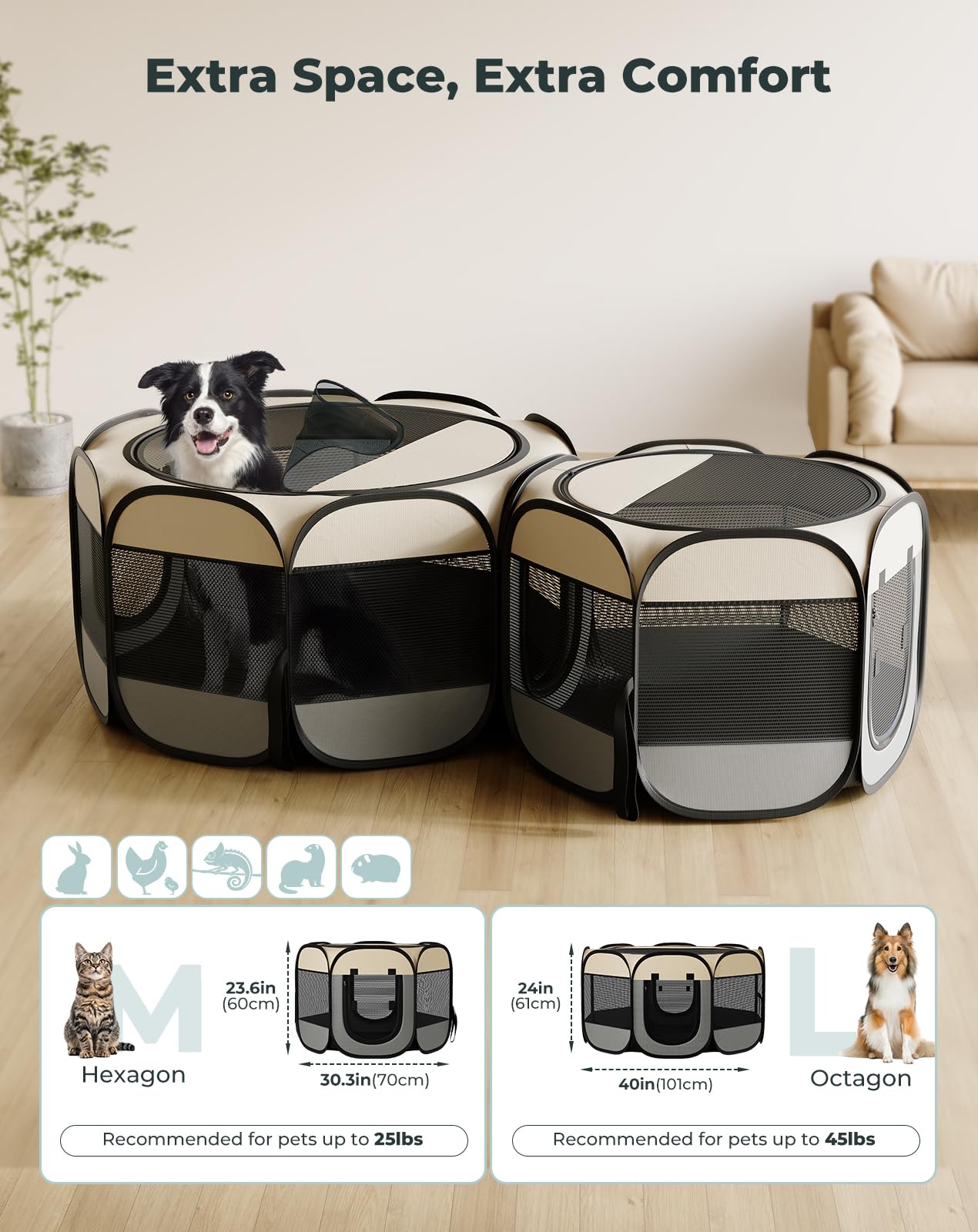 Petcozife two-room playpen-configuration enables separate living or feeding zones.