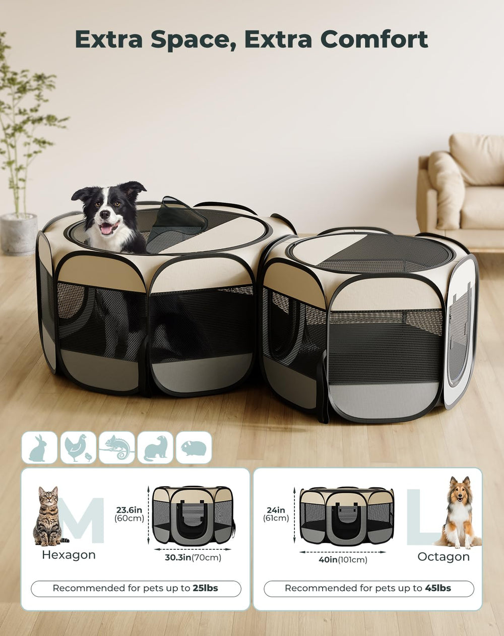 Petcozife two-room playpen-configuration enables separate living or feeding zones.