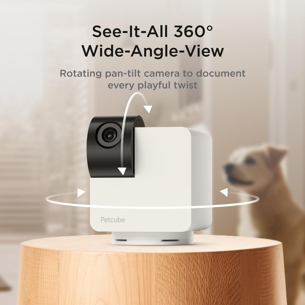 Petcube Cam 360 pan-tilt-rotation broadens viewing angles for complete room checks.