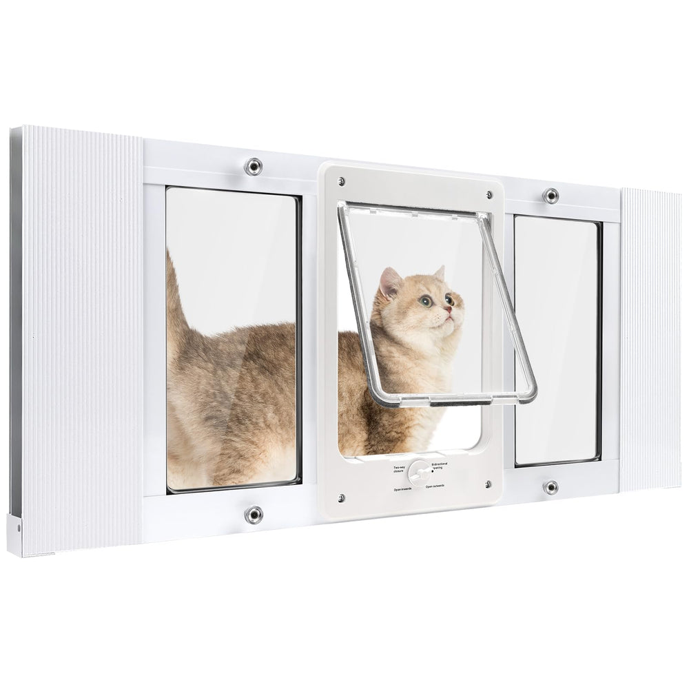 Petoasis window insert with aluminum frame provides durable pet access.
