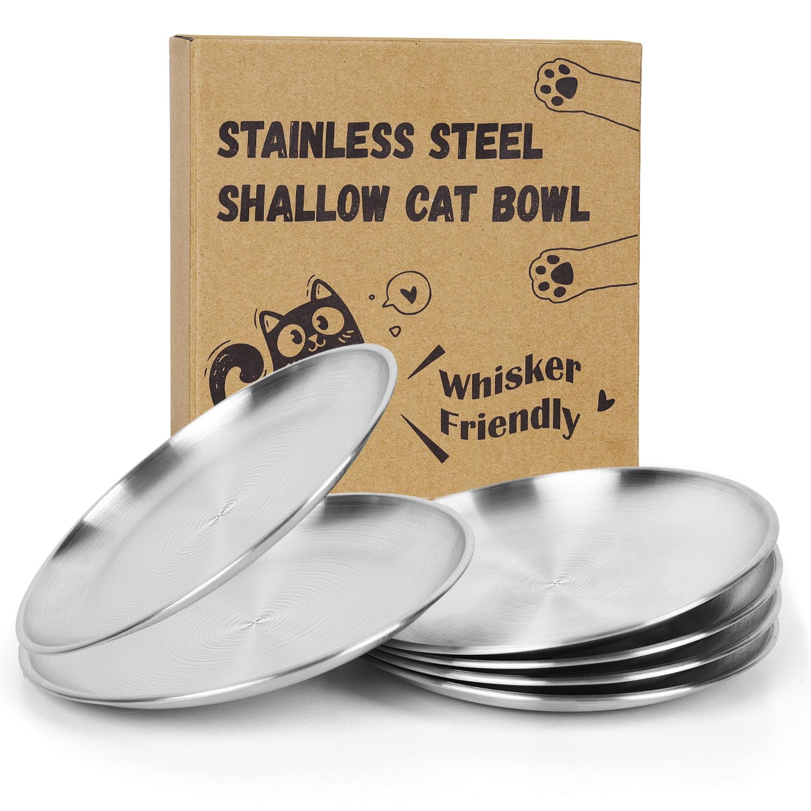Petdream 6-pack cat bowls showcase durable stainless steel for whisker-friendly meals.