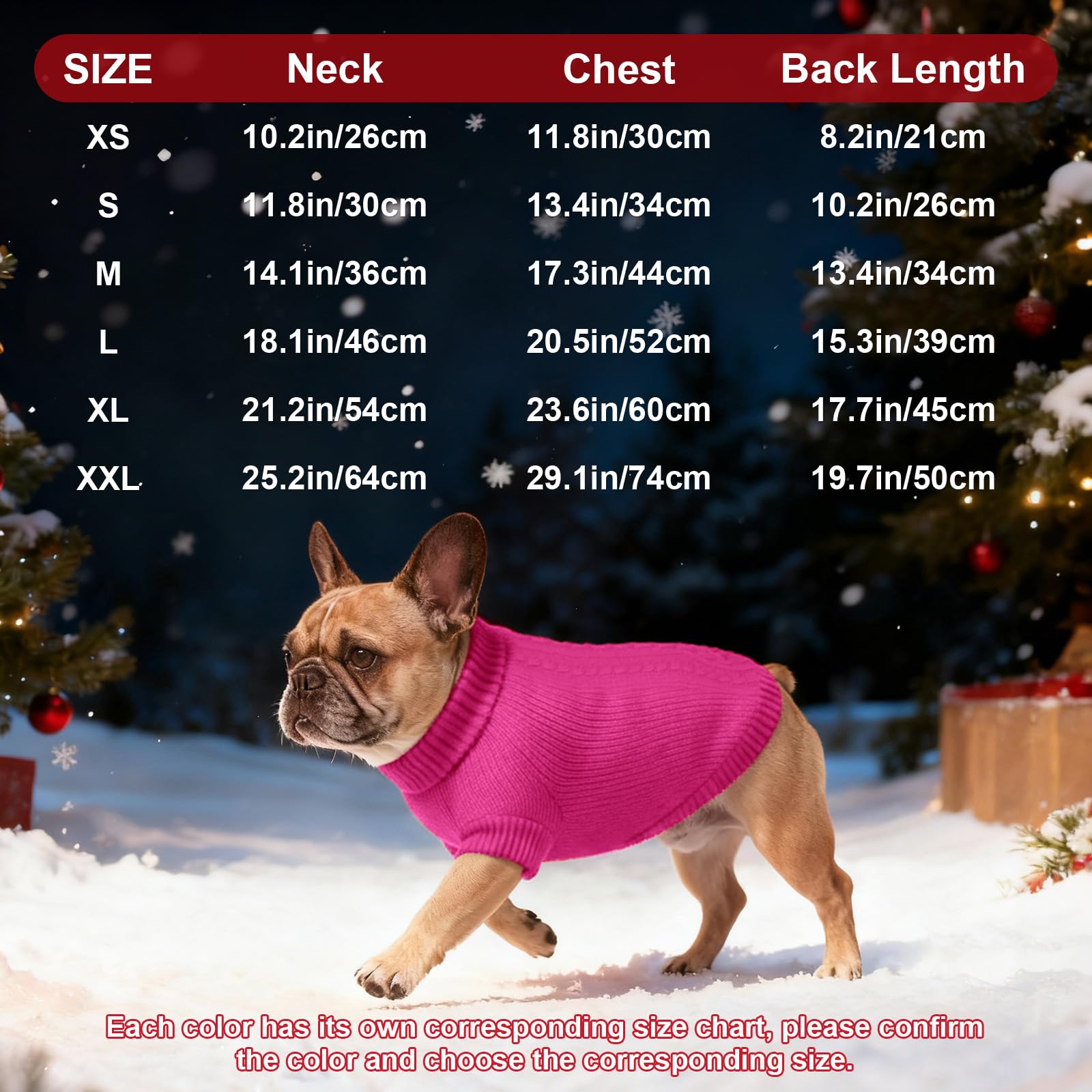Petdream six-size knit sweater shown with size guide for fit.