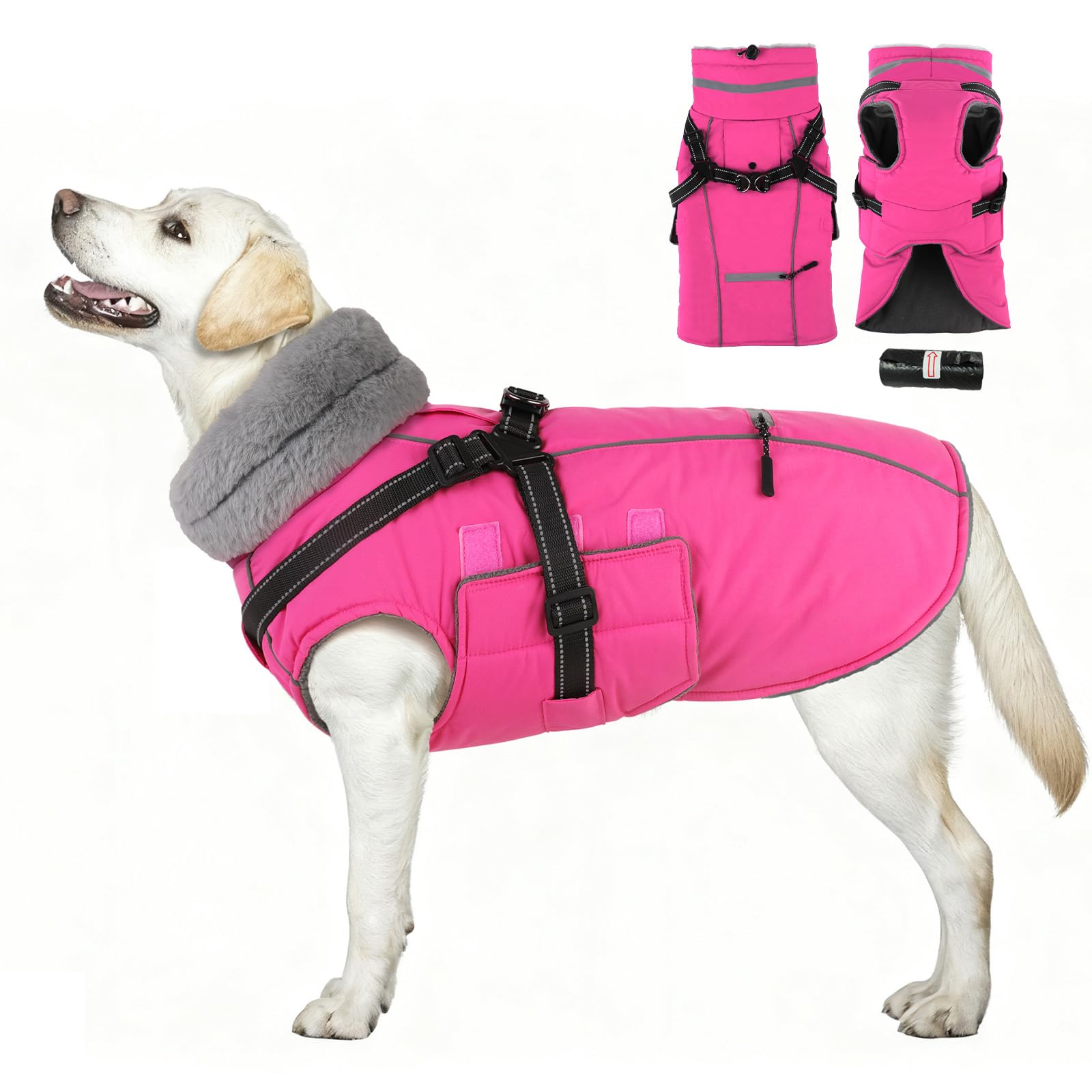 PETDSH built-in-harness dog coat with easy leash attachment for walks.