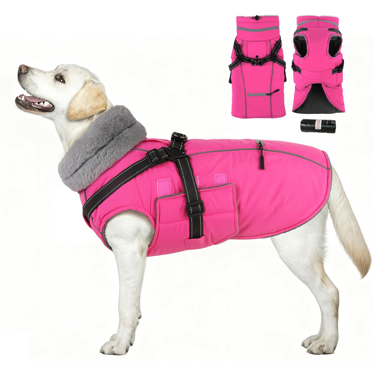 PETDSH built-in-harness dog coat with easy leash attachment for walks.