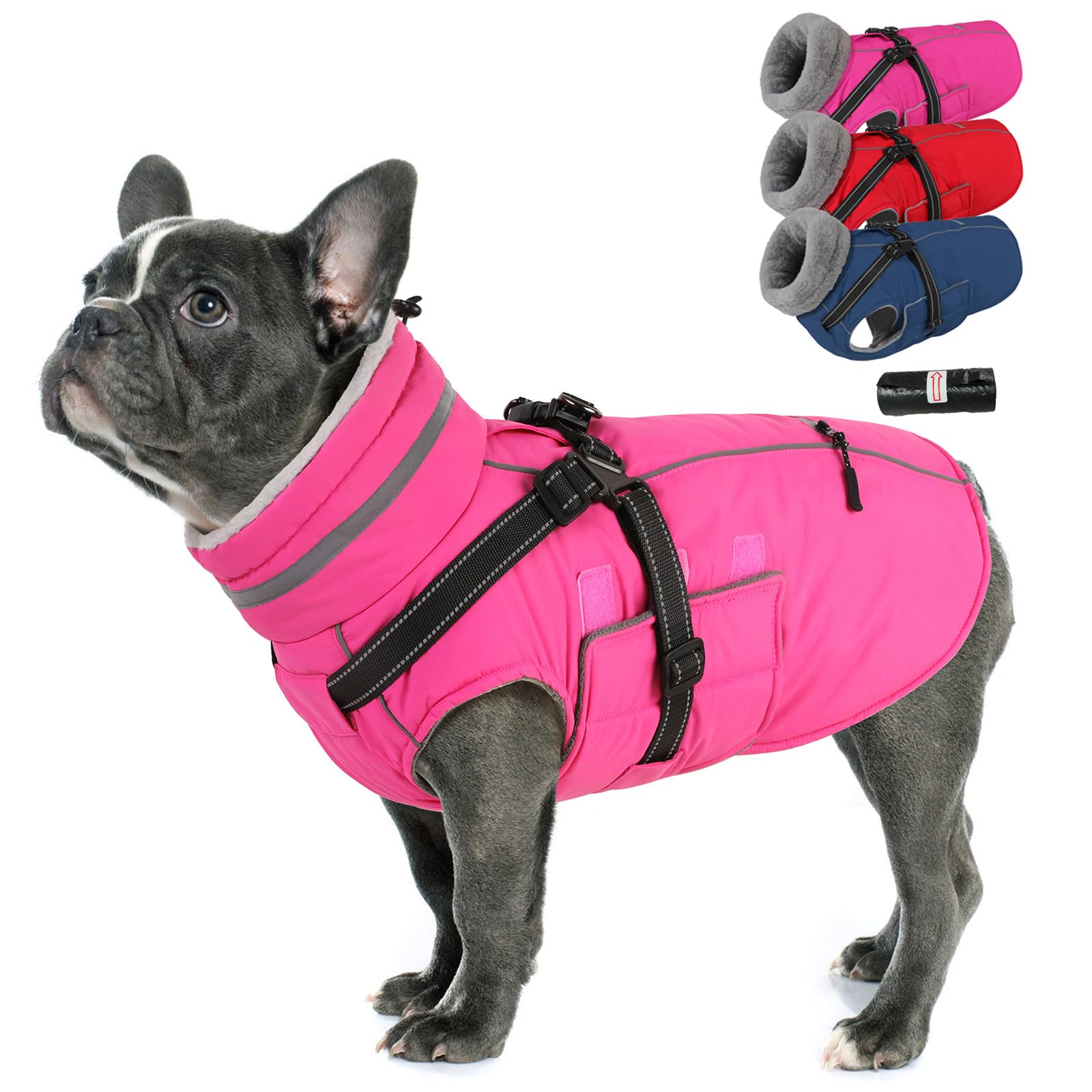 PETDSH dog coat built-in harness pink small front view for secure walks