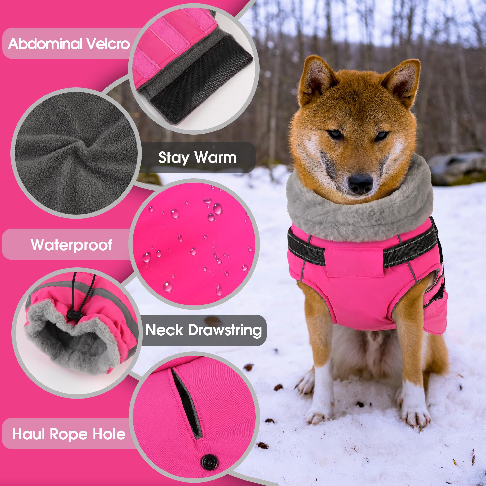 PETDSH dog coat easy on Velcro pink small front view for quick dressing