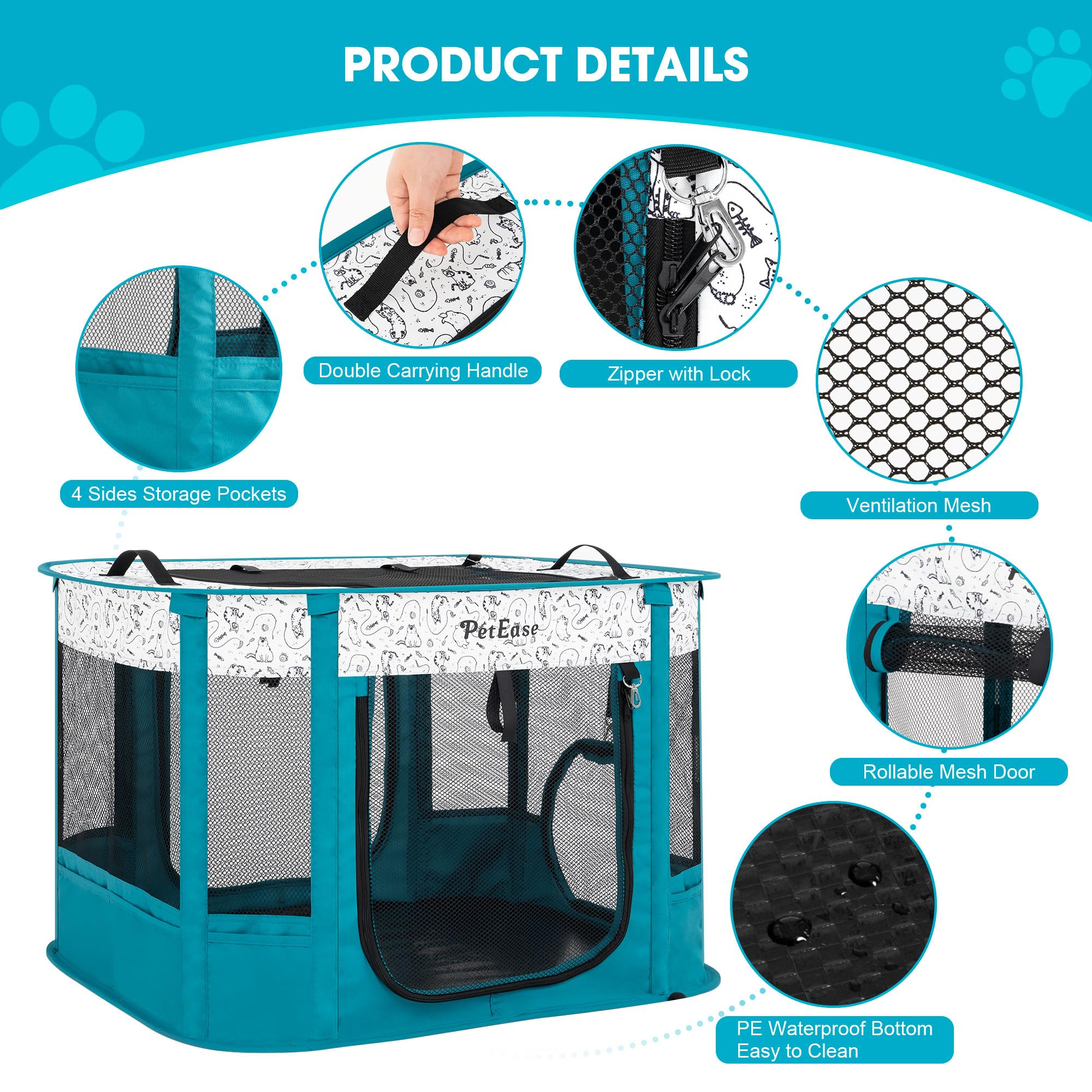 PetEase 8-sided mesh playpen ventilation for airflow and pest protection.