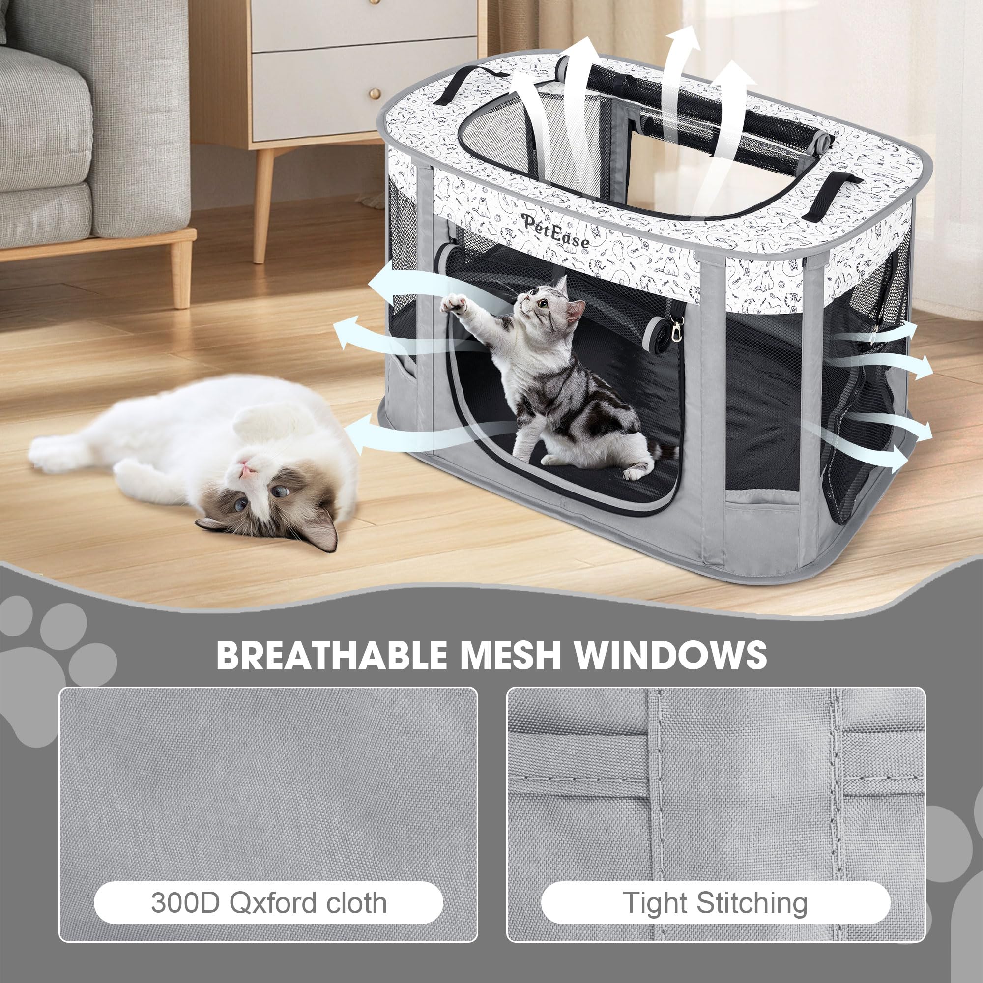 PetEase outdoor cat playpen with litter box area supports tidy outdoor routines.