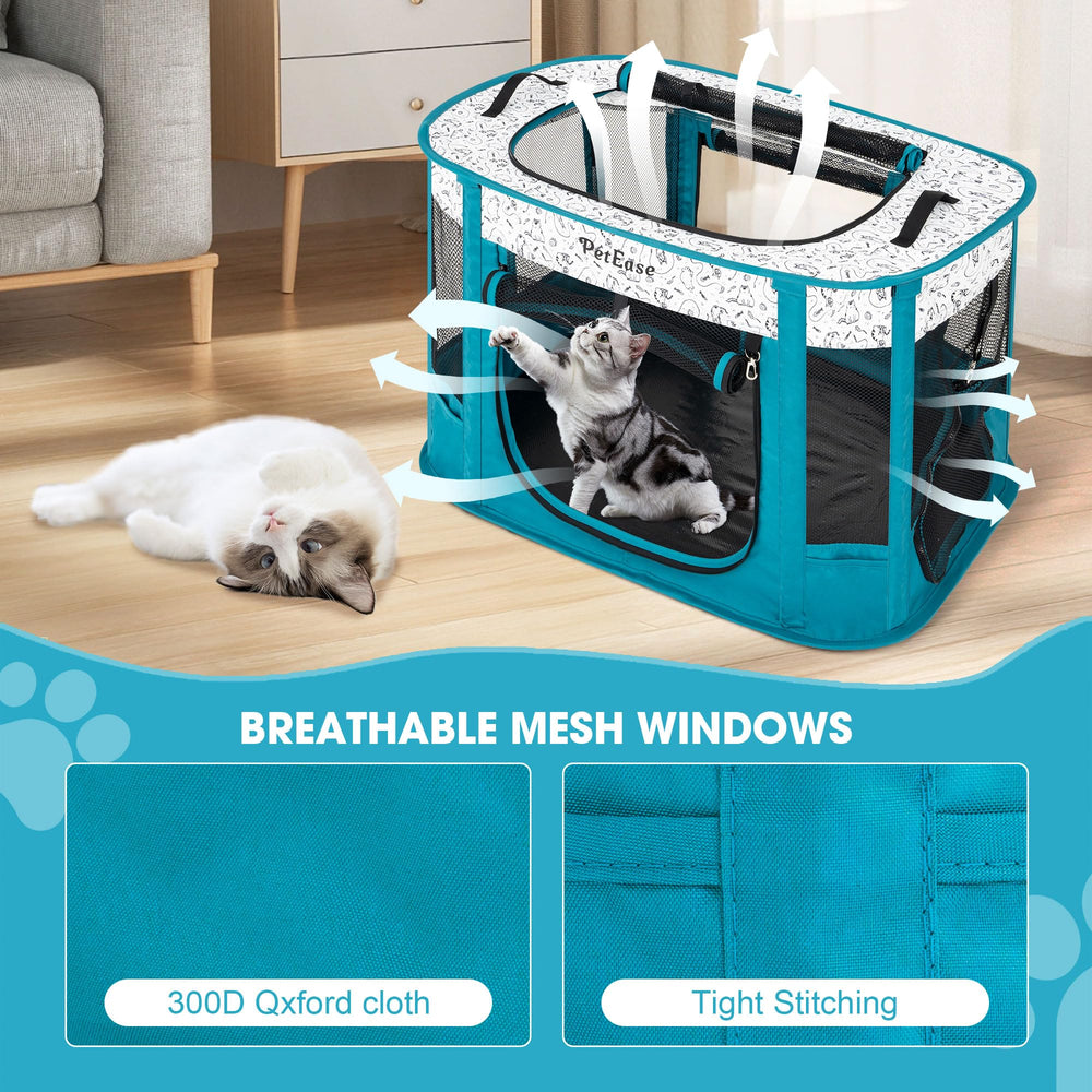 PetEase peacock-blue portable 2-in-1 dog crate playpen folded for compact travel storage.