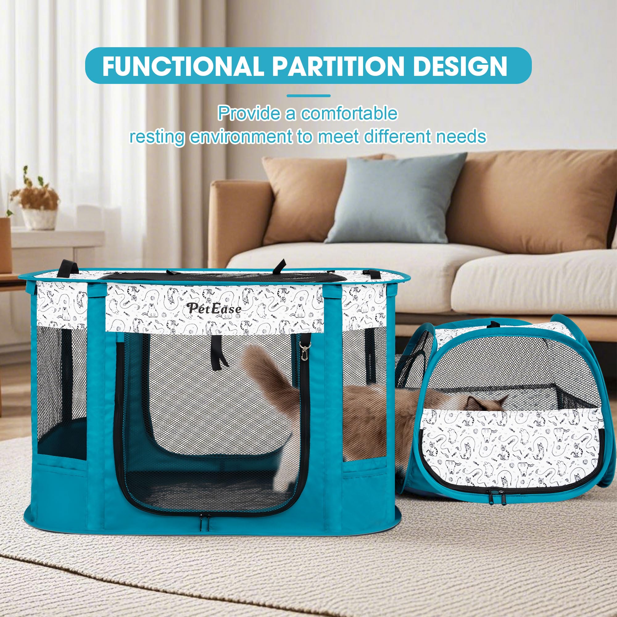 PetEase playpen with 3 entrances and roll-up curtains for easy access.