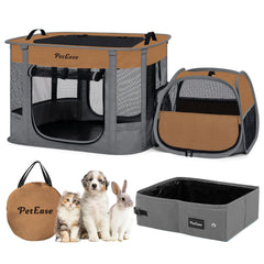 PetEase portable 2-in-1 crate playpen shows litter-box-area for grooming and hygiene indoors