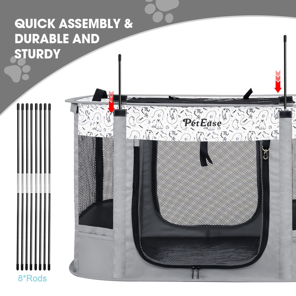 PetEase playpen features three entrances with roll-up curtains for easy access.
