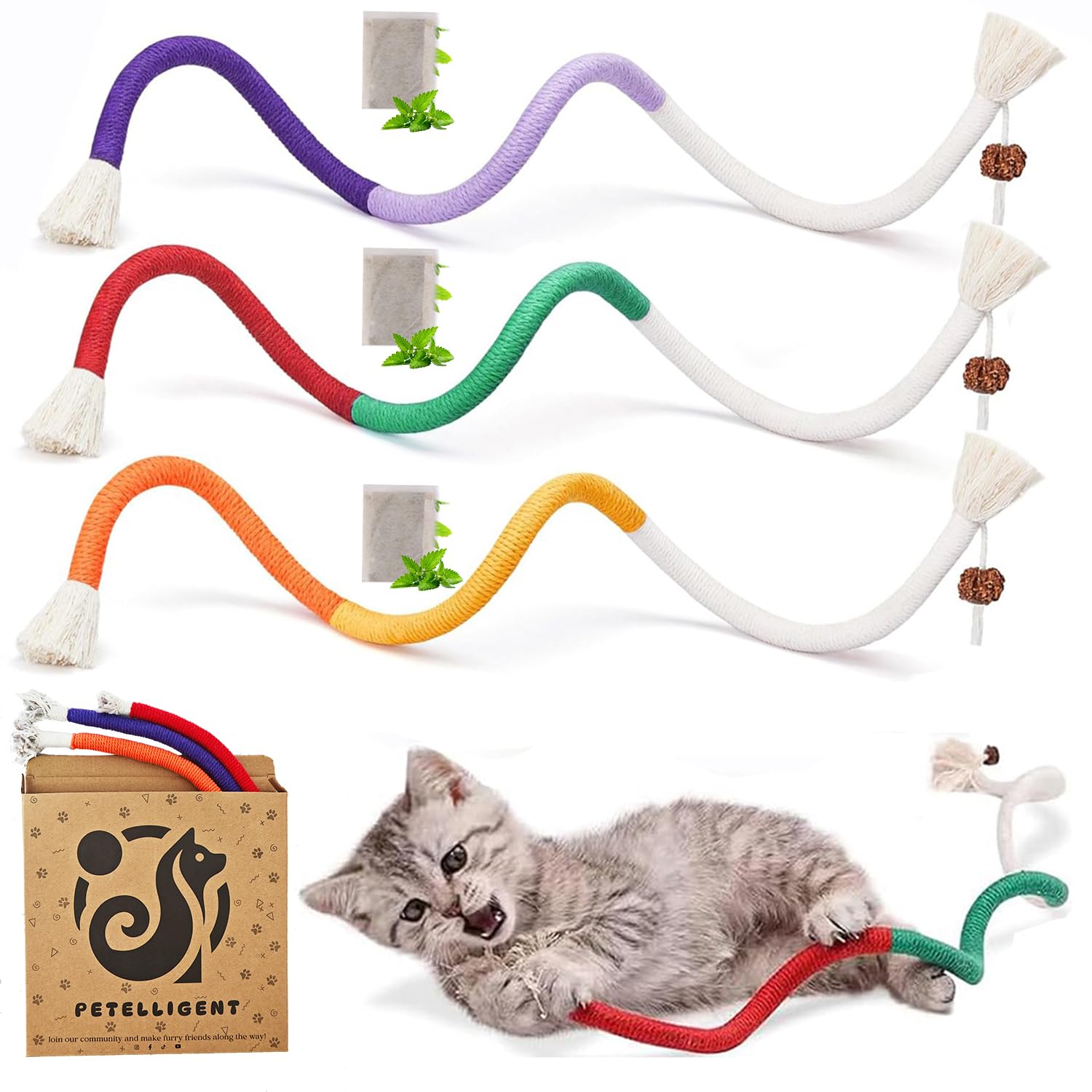 Petelligent Bent Cat Rope Toy closeup with bite-resistant cotton rope for engaging play.