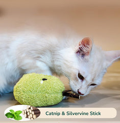Petelligent chewable cat doll green designed for playful chewing and fetch.