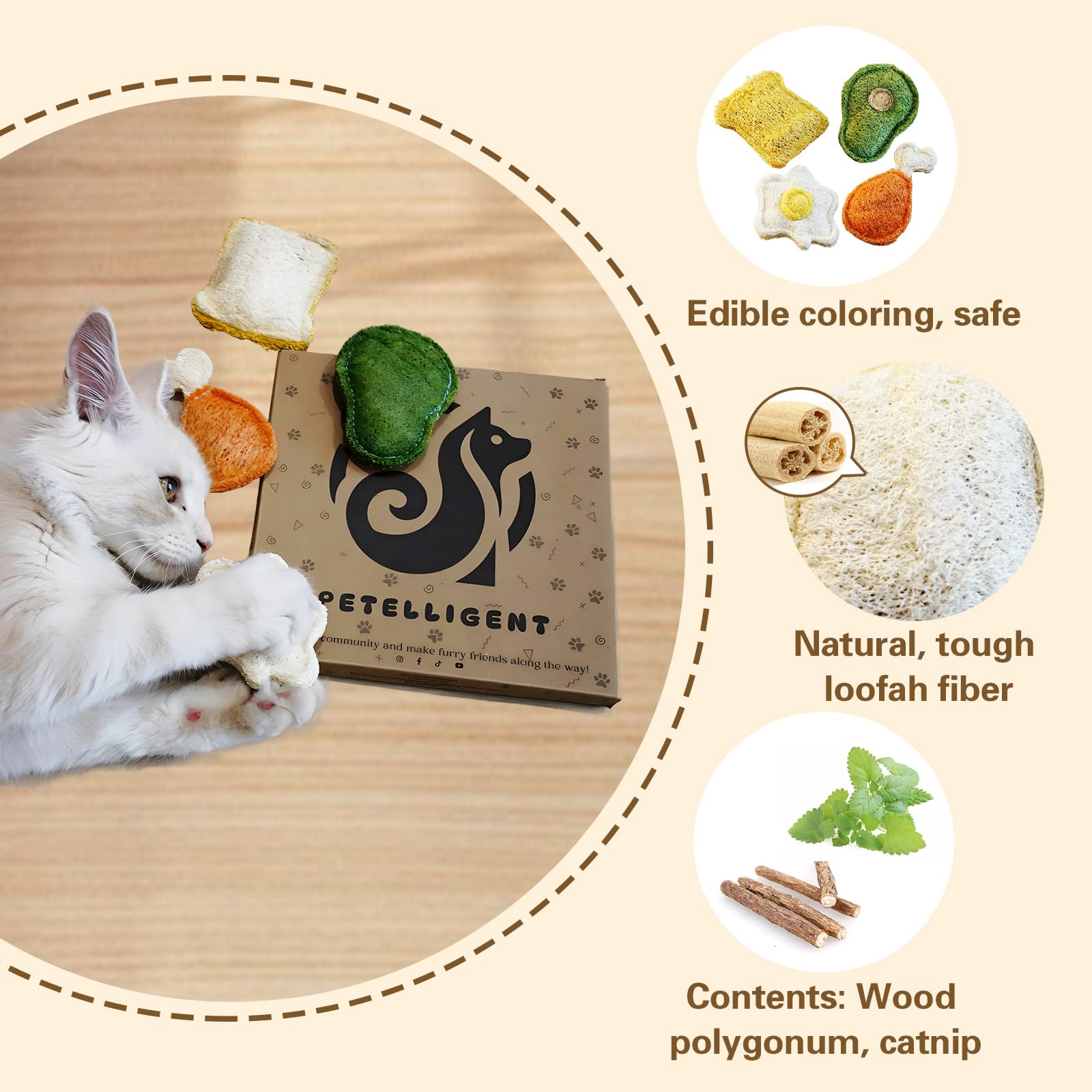 Petelligent loofah chew cat toy catnip aroma enhances interactive play.