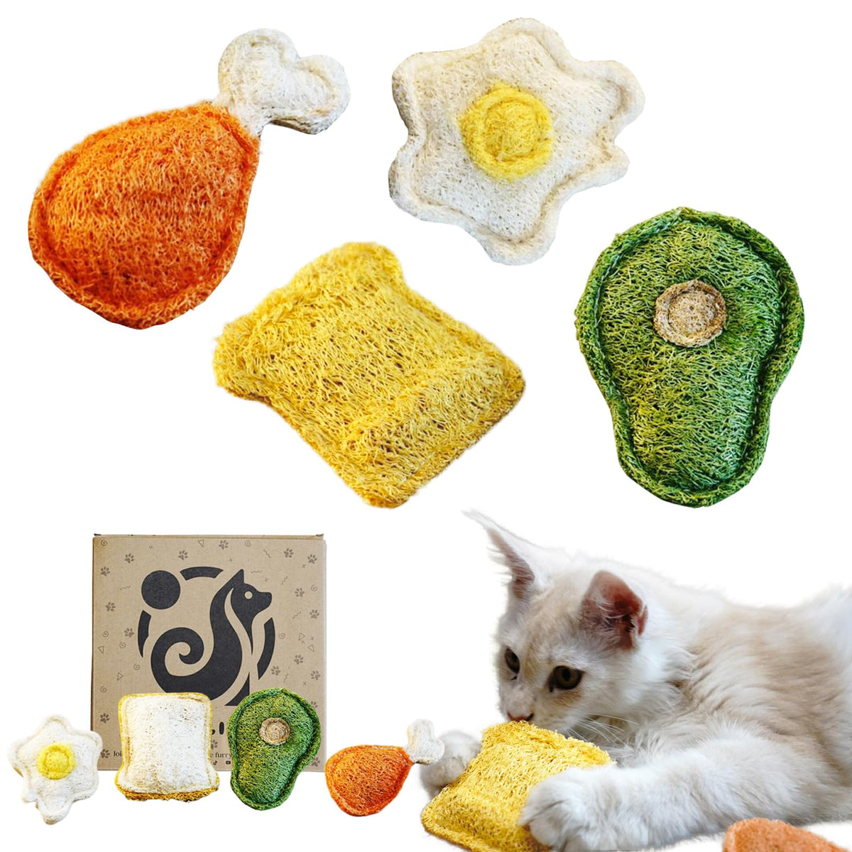 Petelligent loofah chew cat toy closeup showcases catnip-silvervine scent for playful exploration.