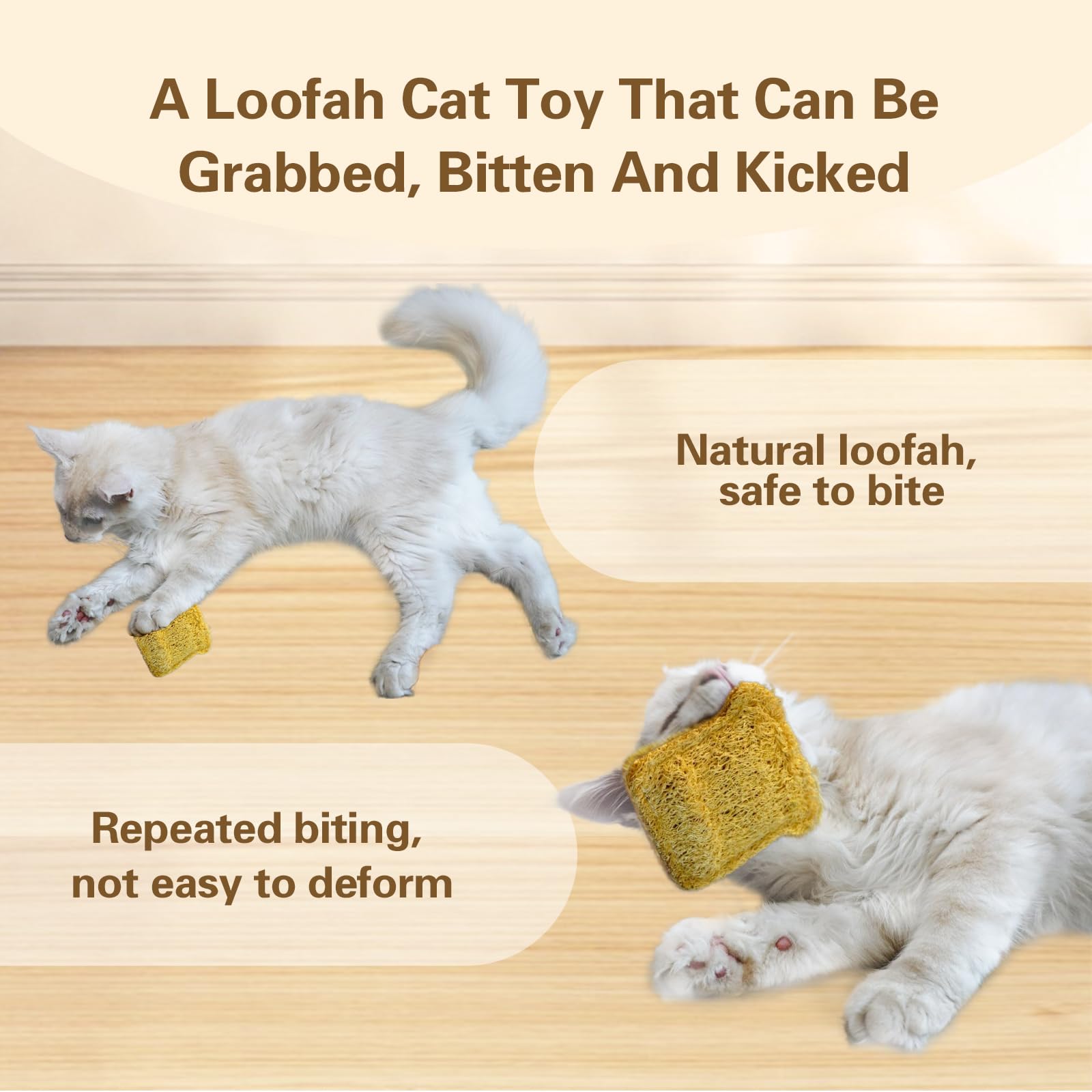 Petelligent loofah chew cat toy safe-digestible design supports supervised chewing.