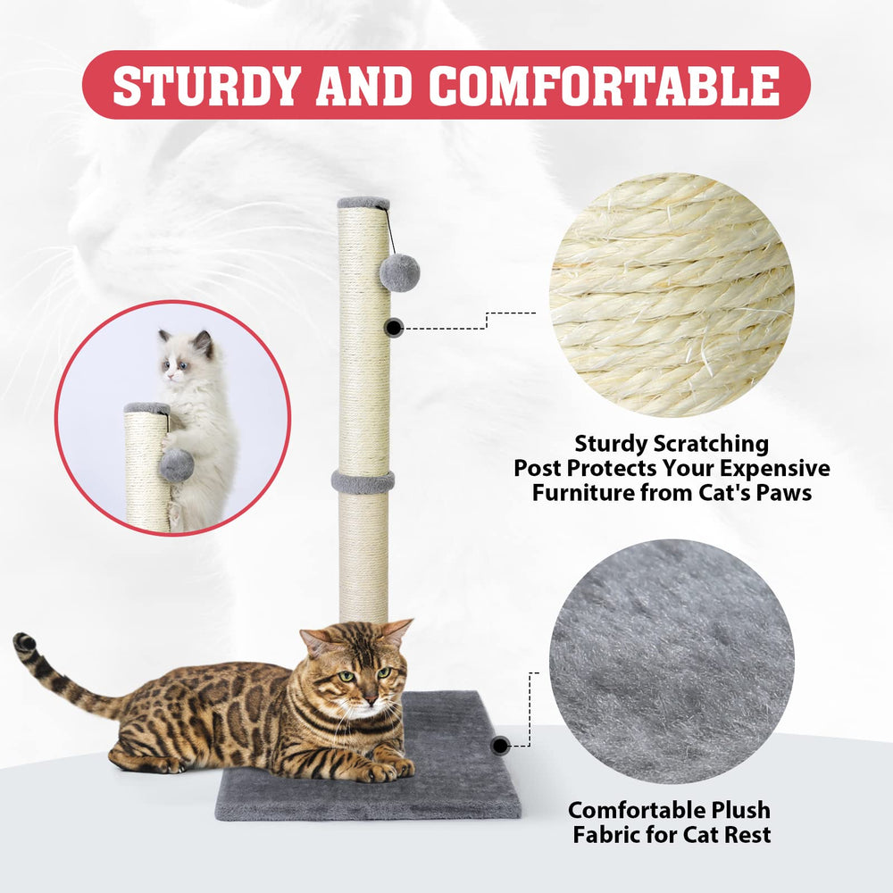 Petellow cat scratching post features a hanging ball for interactive play.