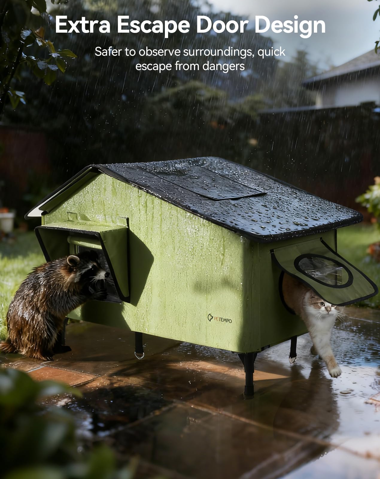 PETEMPO cat house waterproof Oxford cover demonstrates all-weather durability.