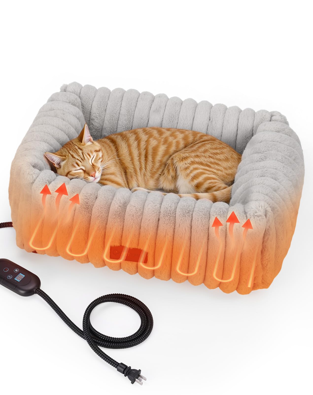 PETEMPO heated cat bed indoor closeup reveals plush fabric for gentle warmth and comfort.