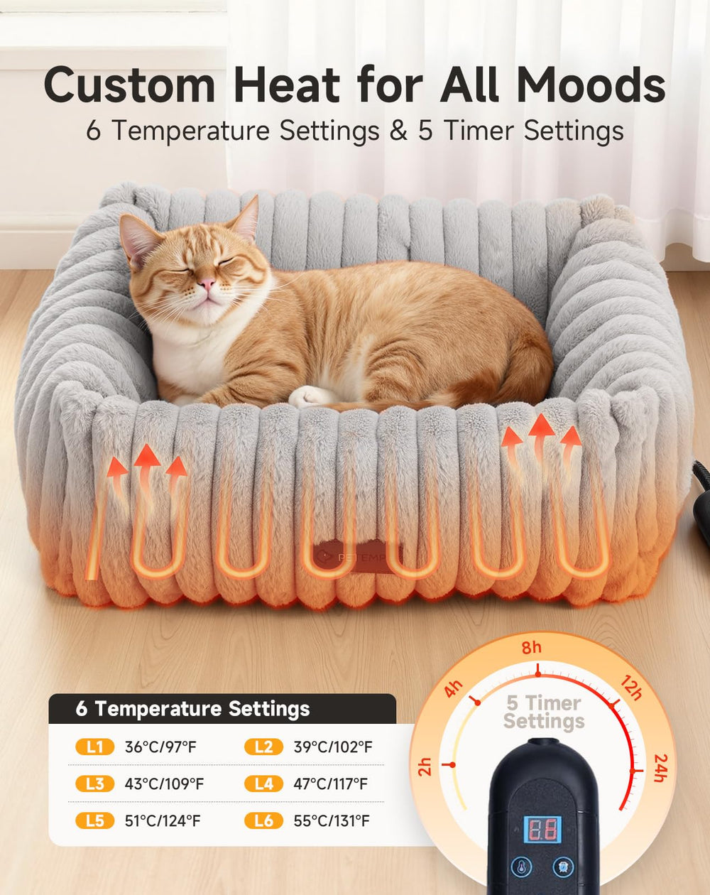 PETEMPO heated cat bed indoor with a resting pet highlights cozy relaxation.