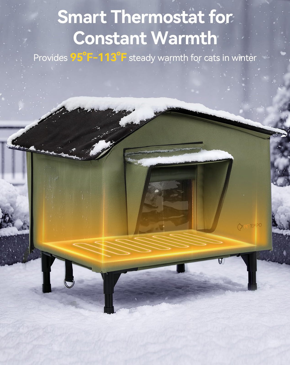PETEMPO heated cat house interior warmth highlights auto-thermostatic heating for steady comfort.