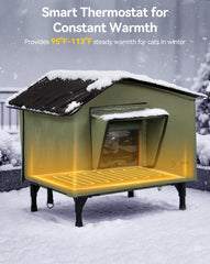 PETEMPO heated cat house interior warmth highlights auto-thermostatic heating for steady comfort.