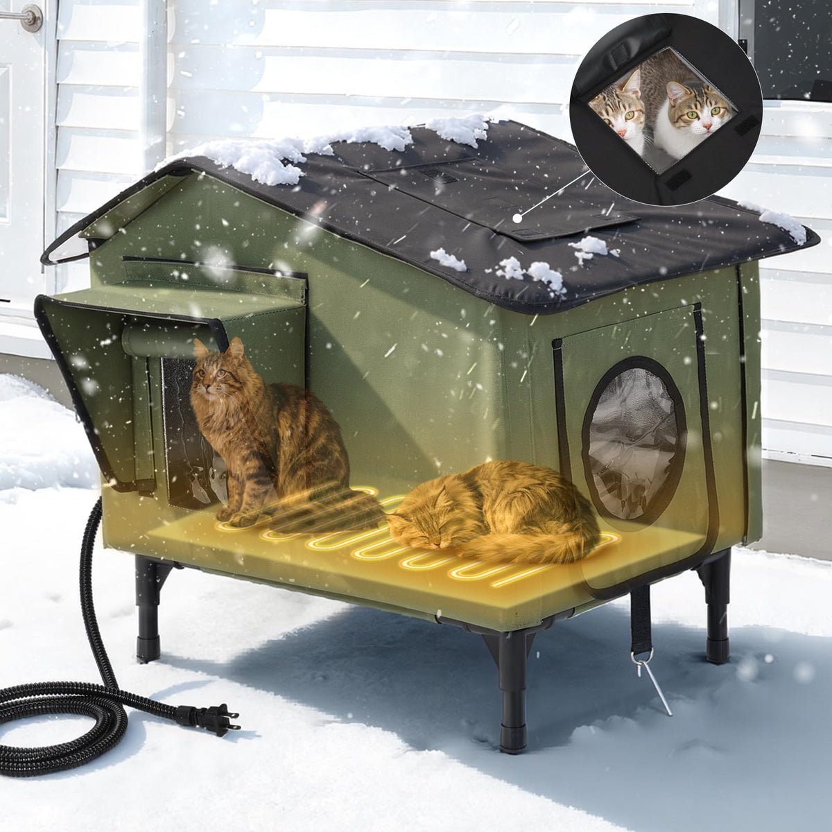 PETEMPO heated cat house outdoor front view shows weatherproof build for cozy outdoor shelter.