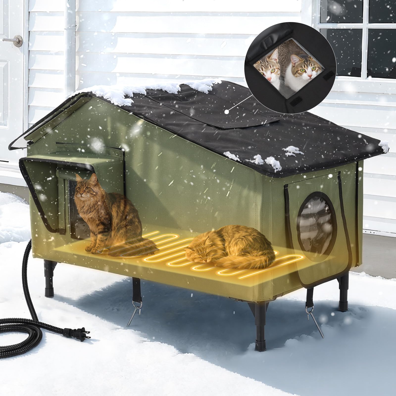 PETEMPO heated cat house outdoor front view shows weatherproof shell for winter use.