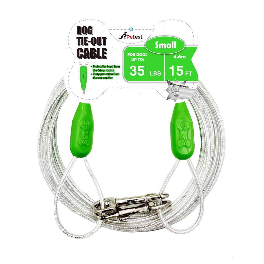 Petest 15ft reflective tie-out cable in use outdoors for secure small-dog freedom.