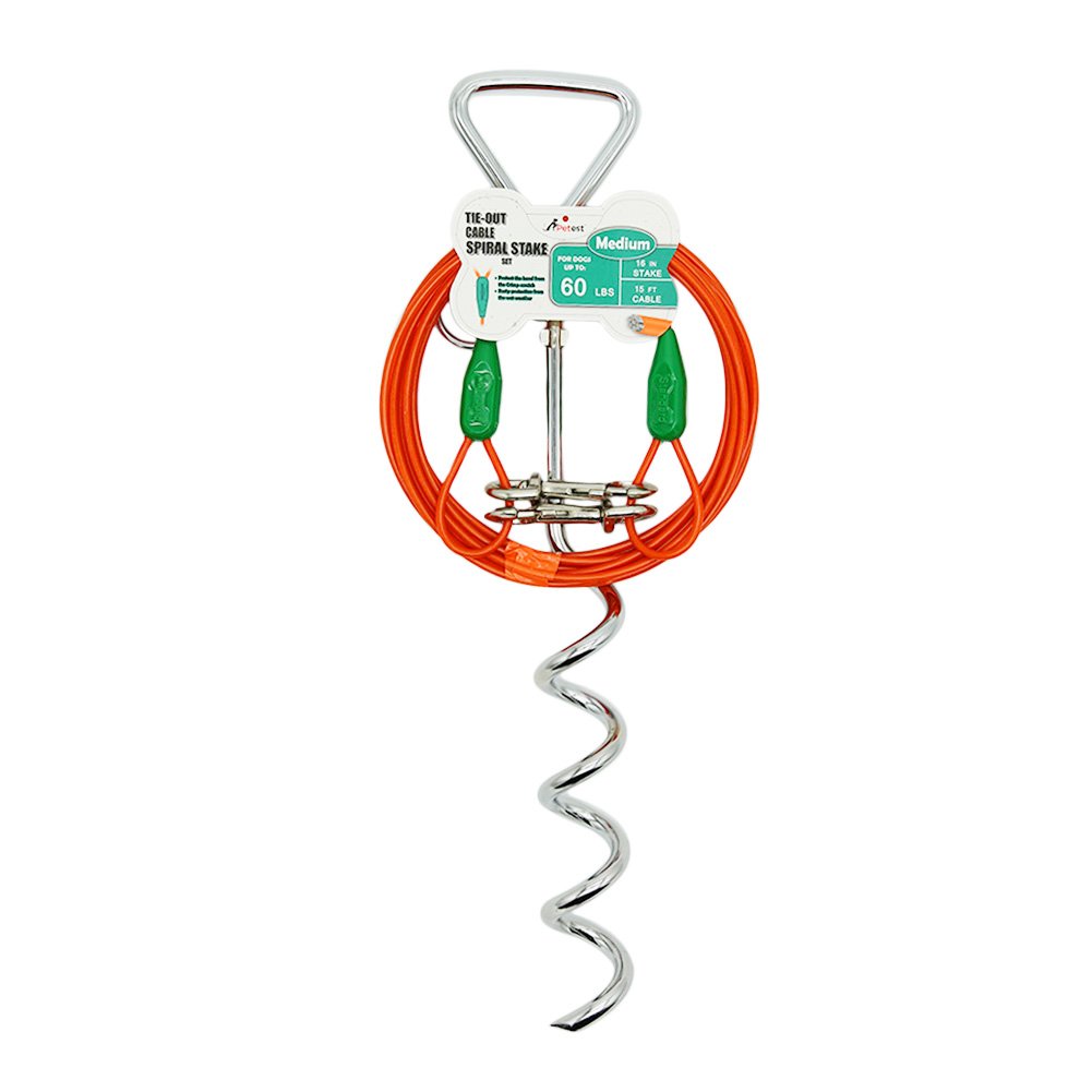 Petest 16-inch spiral stake installed showing quick secure hold for outdoor play.