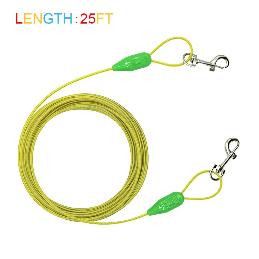 Petest 25ft tie-out cable attached to a post for reliable dog containment.
