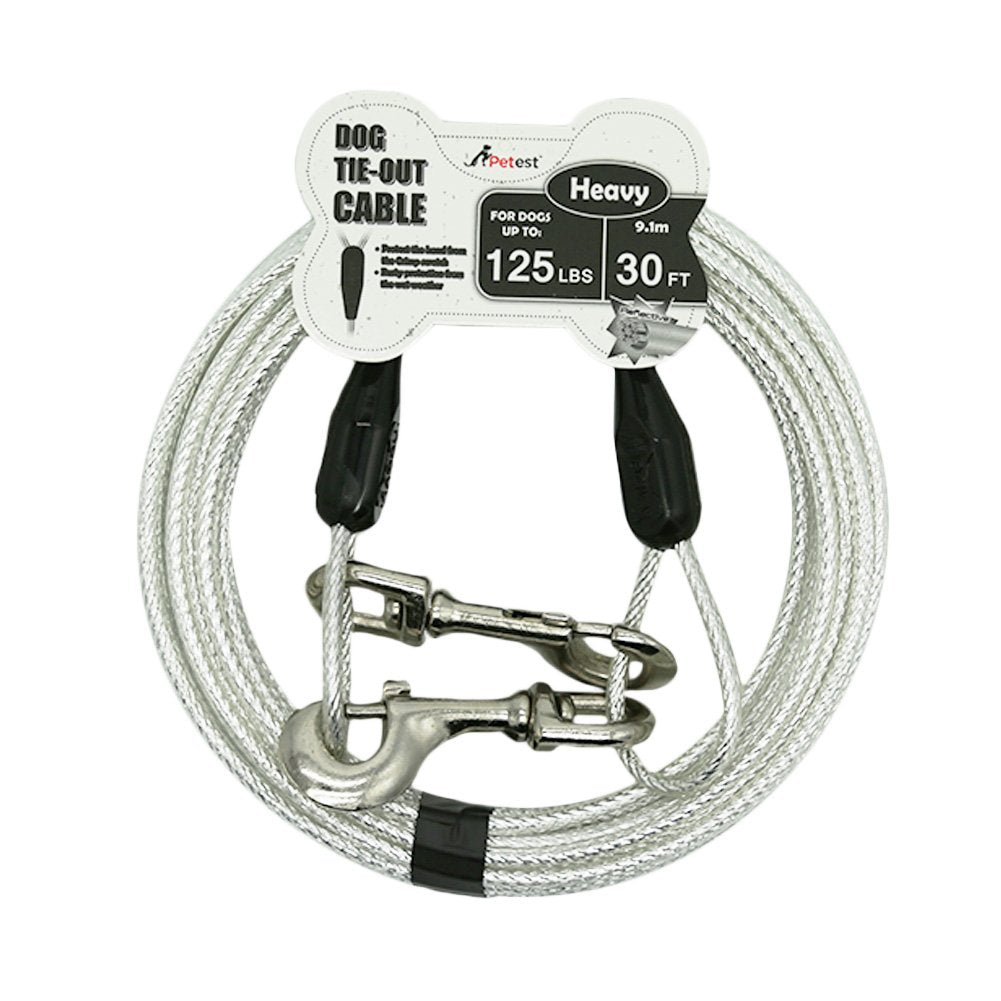 Petest 30ft reflective tie-out cable unrolled for spacious yard play.