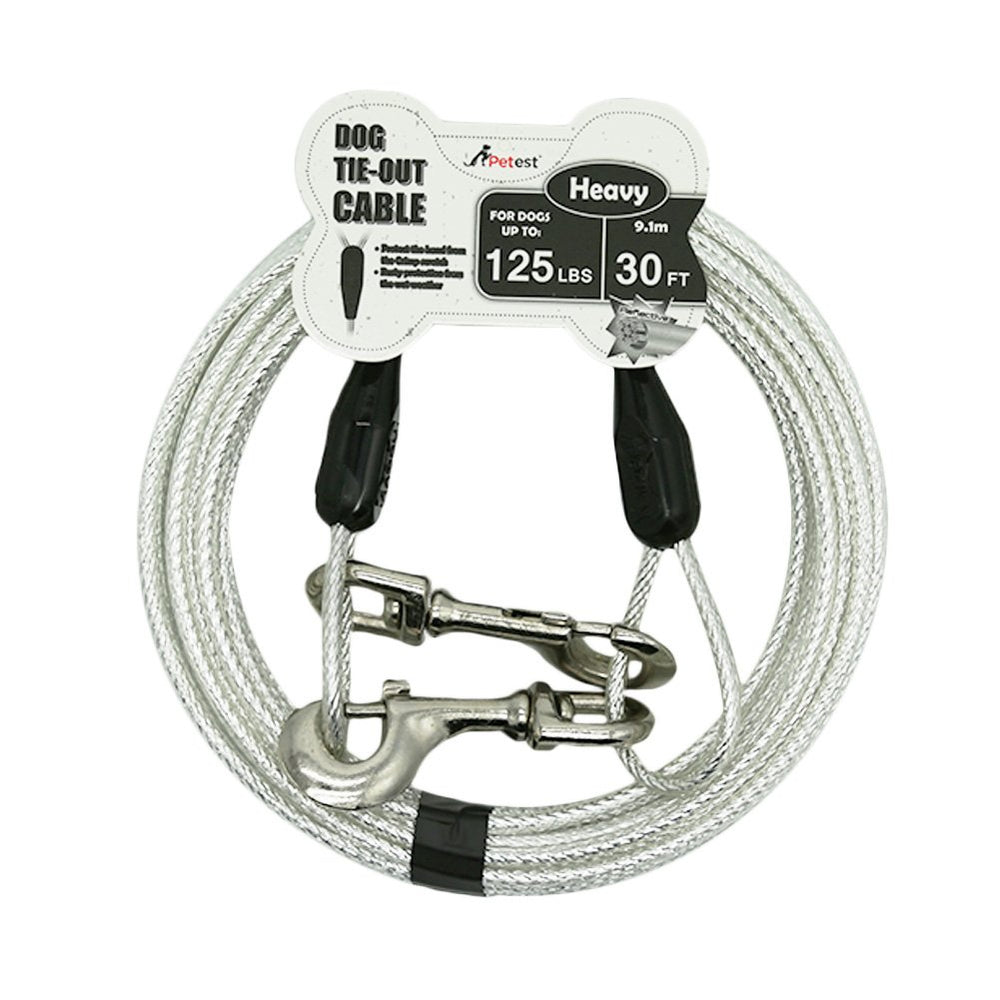 Petest 30ft reflective tie-out cable unrolled for spacious yard play.