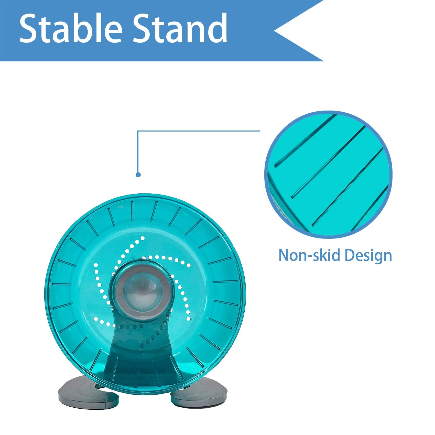 Petest wheel with supplied stand offers stable, free-standing setup.