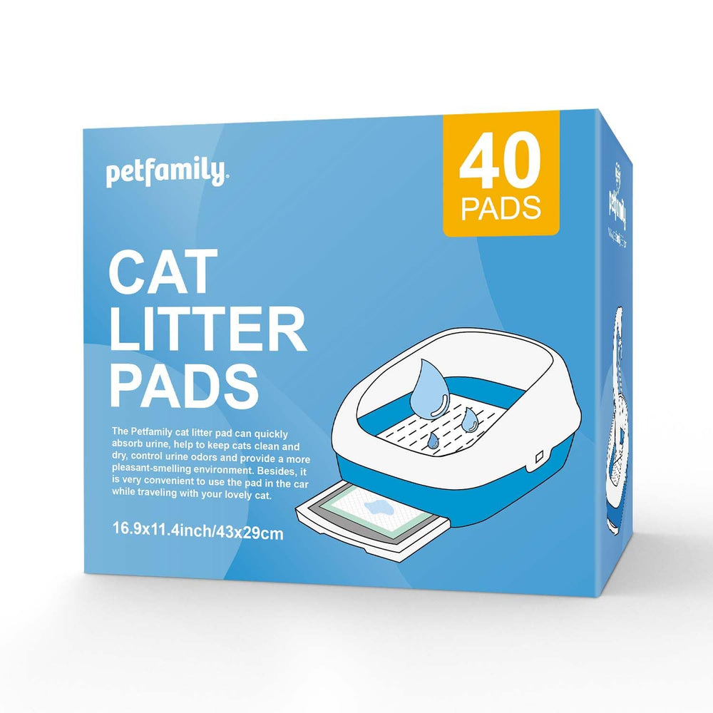 Petfamily cat litter pads 16.9 x 11.4 inches, 40-count, provide roomy coverage.