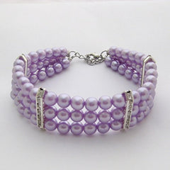 PETFAVORITES Fancy 3-Row Pearls Diamond Dog Necklace Purple in 12-14 inch enhances festive style for small dogs