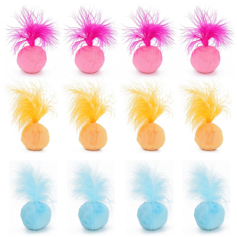 PETFAVORITES furry rattle ball toy with feather tail promotes lively batting sessions.