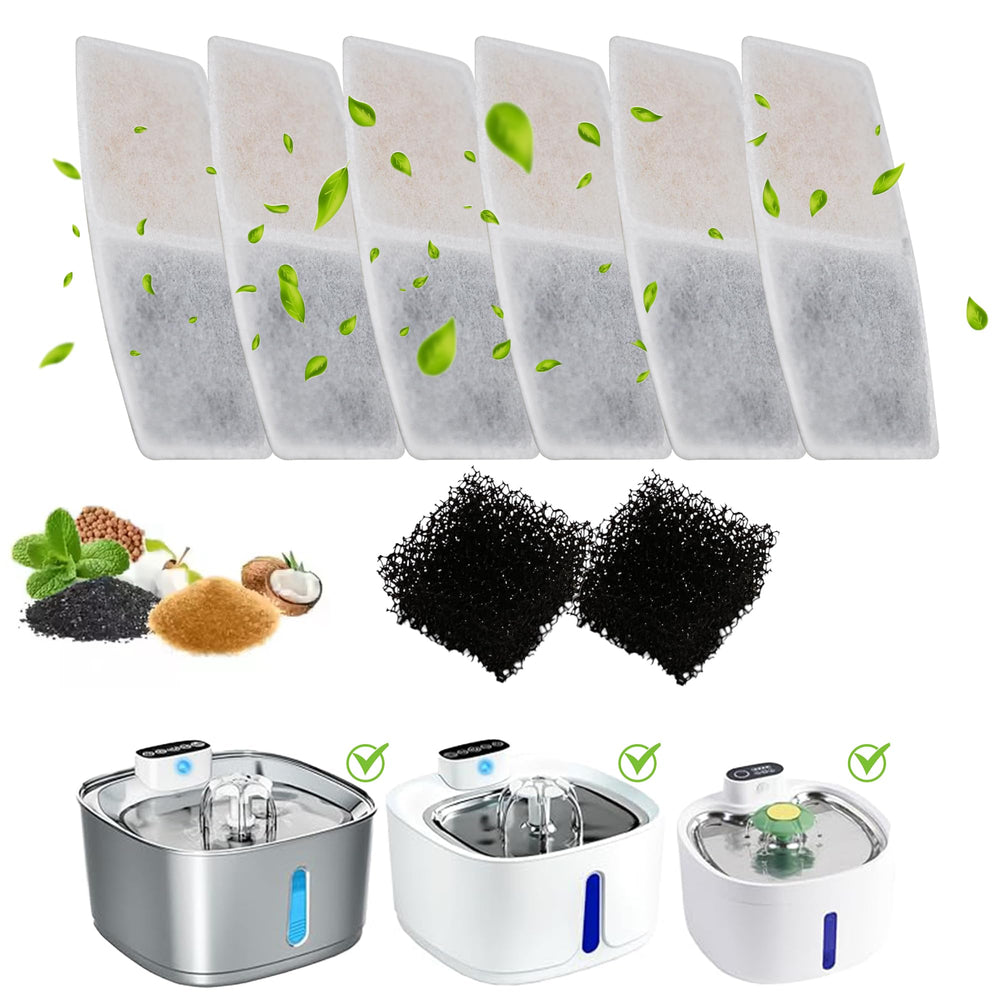 PetFeeder Pro replacement filter 6-pack close-up shows coconut carbon filtration for fresher water