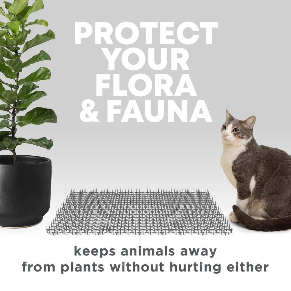 Petfolio scat mat includes 6 garden staples for secure outdoor placement.