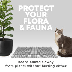 Petfolio scat mat includes 6 garden staples for secure outdoor placement.
