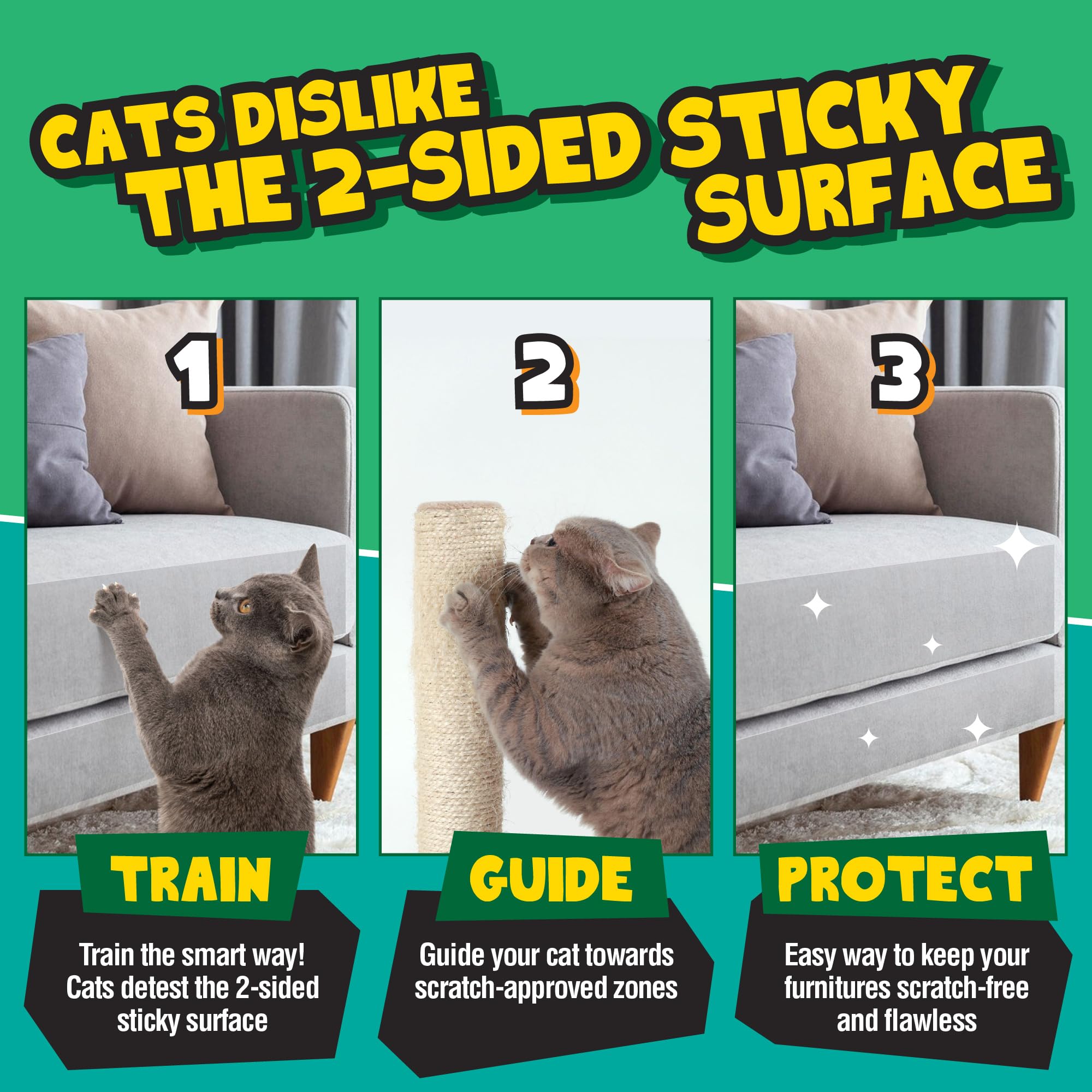 Petfolio no-pins-required cat tape secures to sofa.