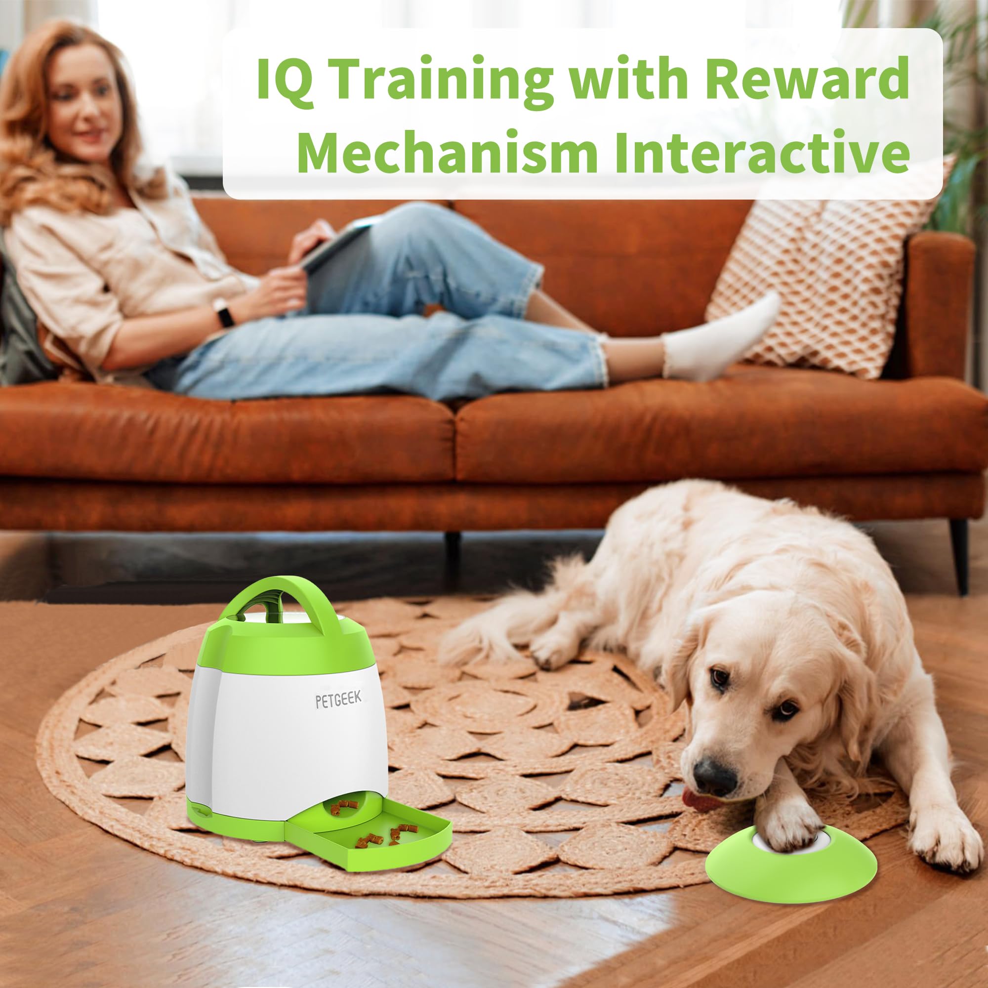PETGEEK button-press action demonstrates reward-based training with treats