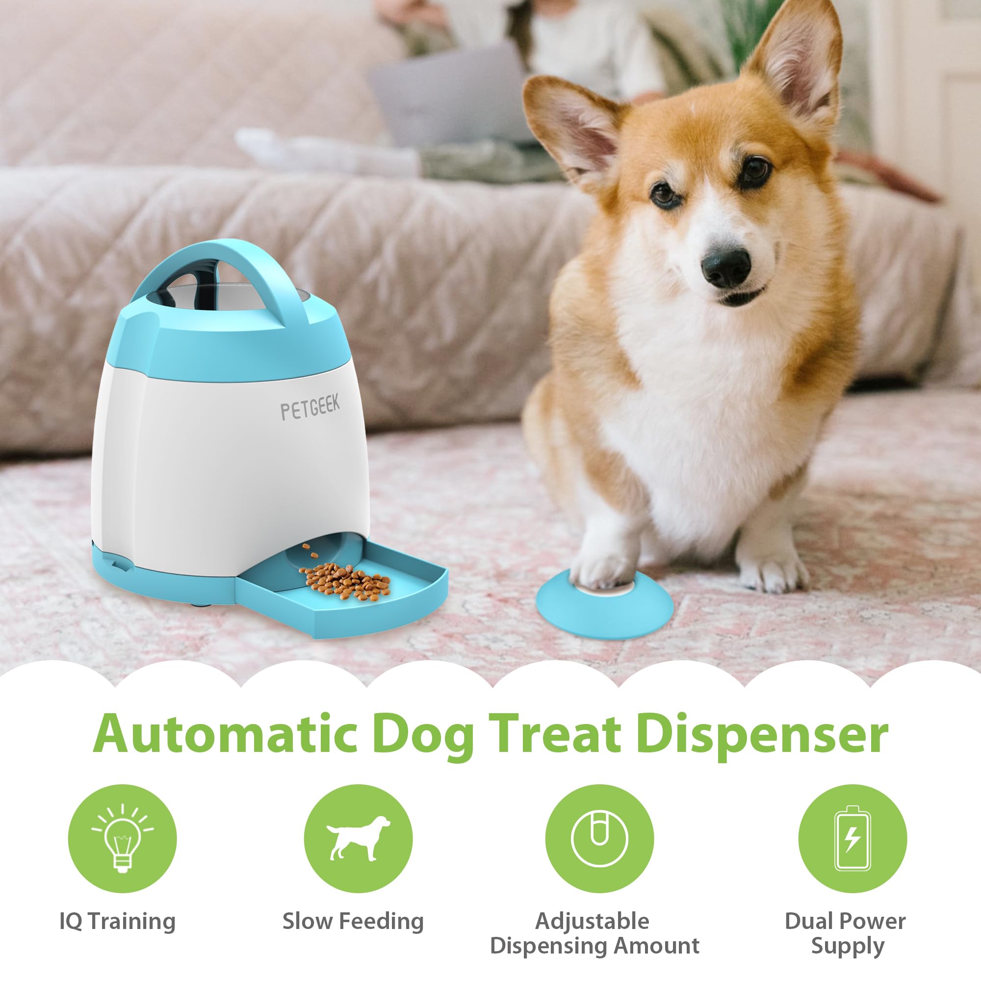 PETGEEK automatic treat dispenser blue side view for home play and problem solving.