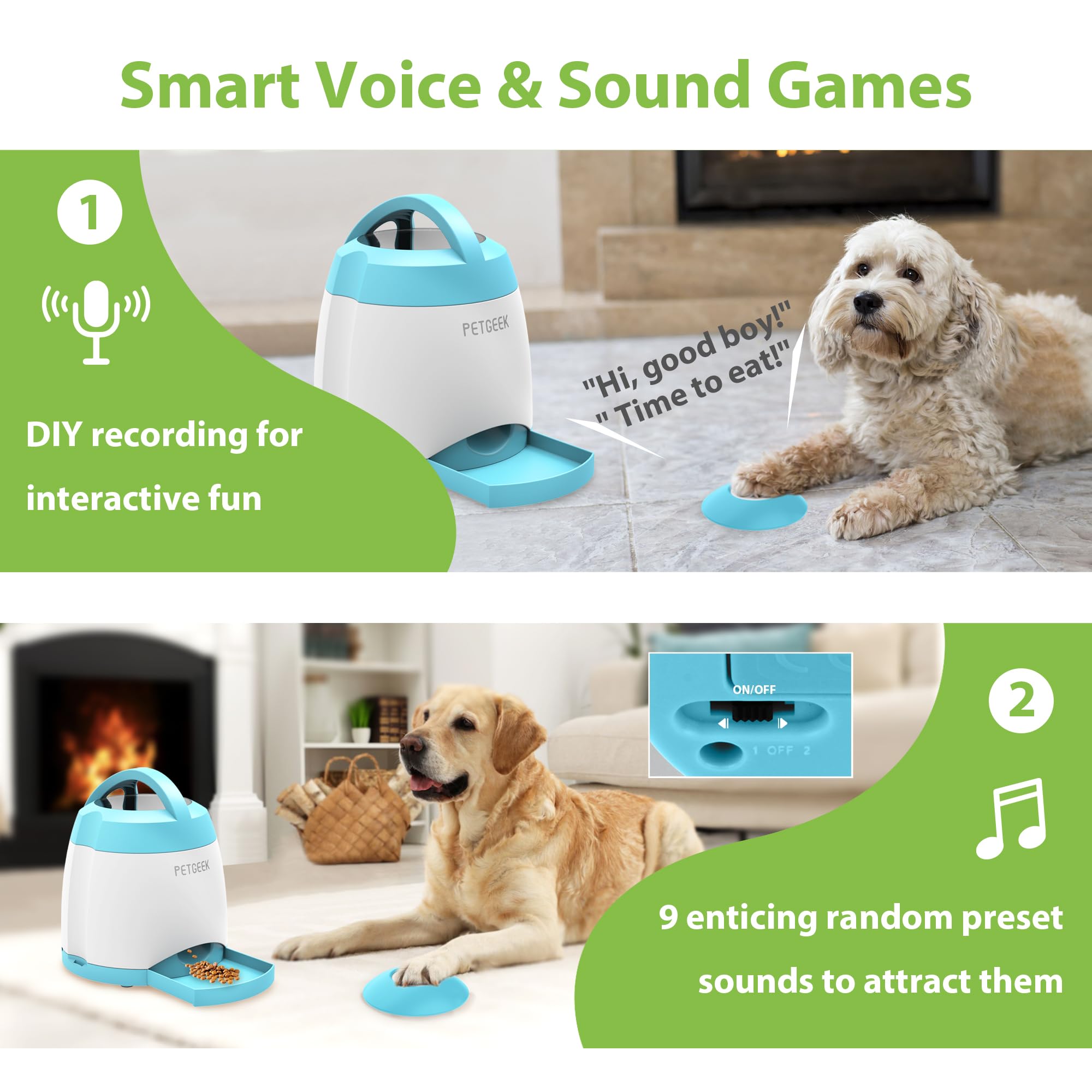 PETGEEK load treats image shows adjustable slow feeder for portion control.